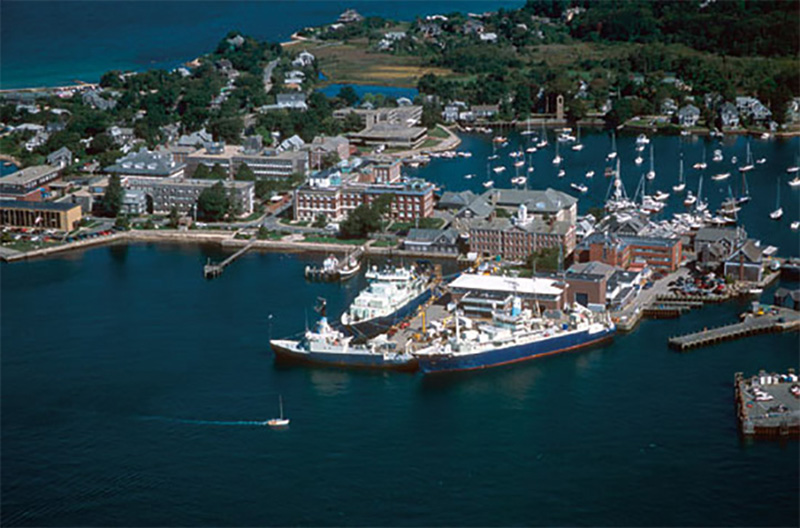 Aerial photo of harbor in Woods Hole